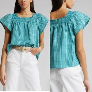 Rails Sonora Top Augusta Mini Check Teal Blue Smocked Blouse Size M